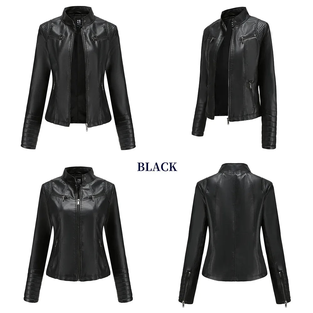 New 20 Women's Leather Jacket Thin Motorcycle Style Short Fashion Women's Jacket Stand Collar Full Sleeve from Mainland China