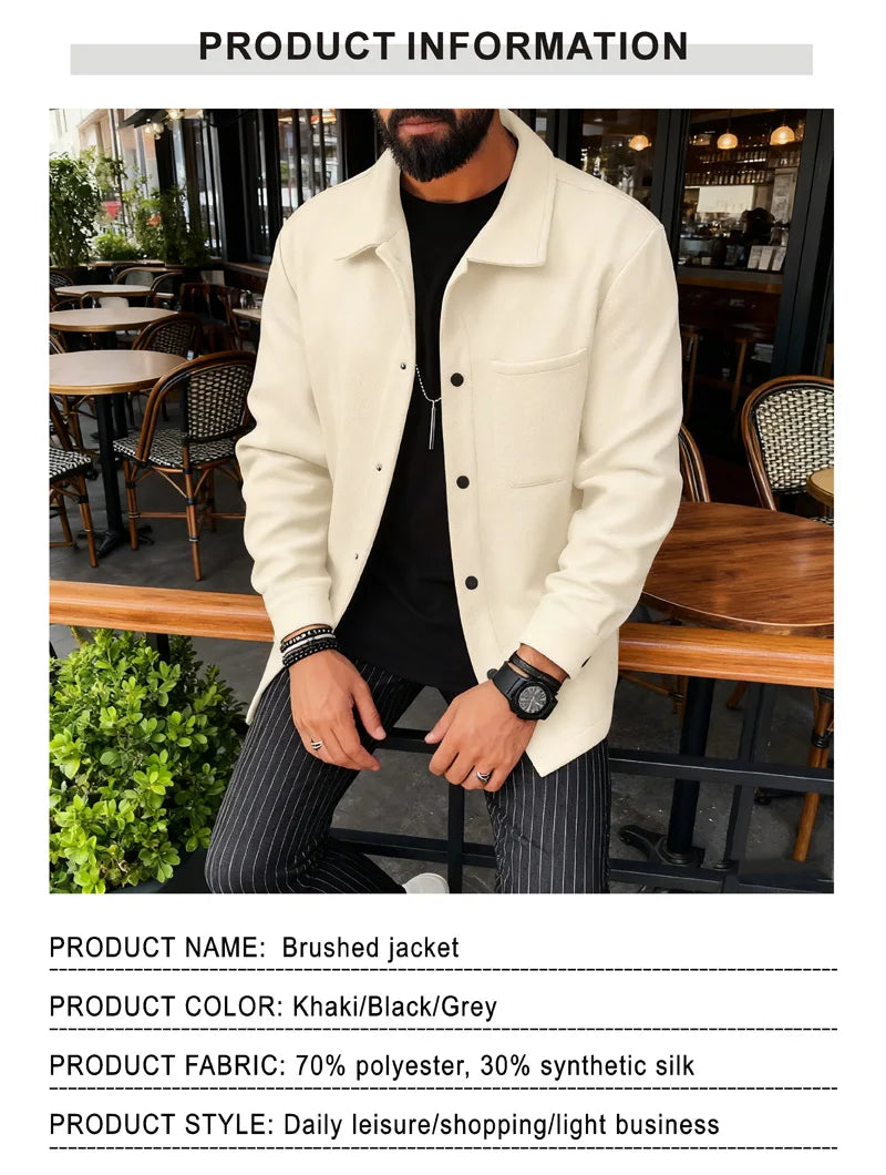 Men's Warm Brushed Jacket Lapel Button-Down Casual Coat for Autumn Winter Business，with Pocket