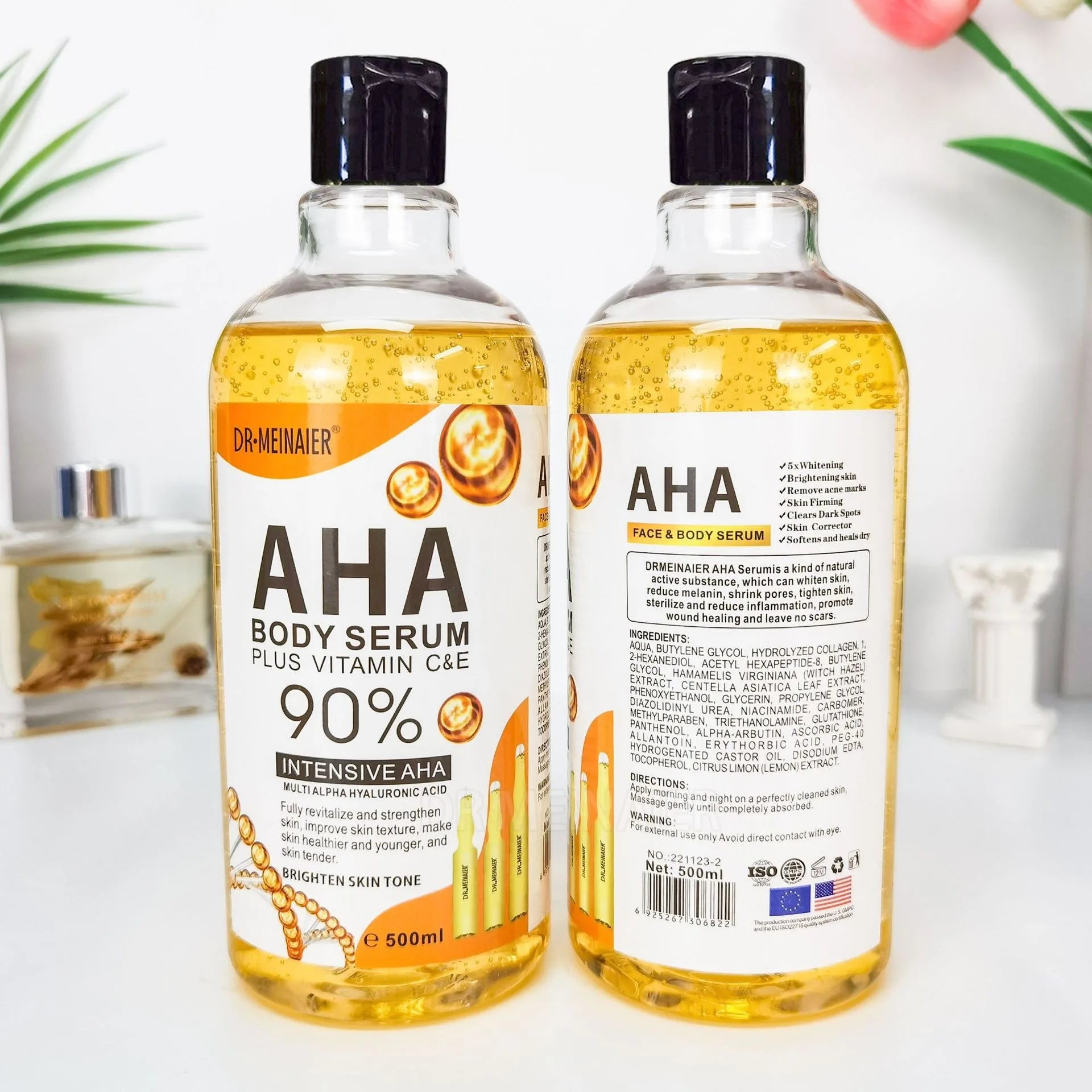 500 ml Hyaluronsäure-Gesichts- und Körperserum mit Vitamin C, Nikotinamid und AHA-Aufhellung, feuchtigkeitsspendend, fleckenkorrigierende Hautpflege