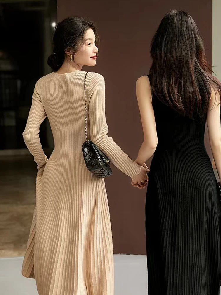 Frühling Herbst Pullover Damen Kleid 100 % Merinowolle Kleid O-Ausschnitt Slim Maxirock Basic Langarm Kleid Sexy Inside Join Dress