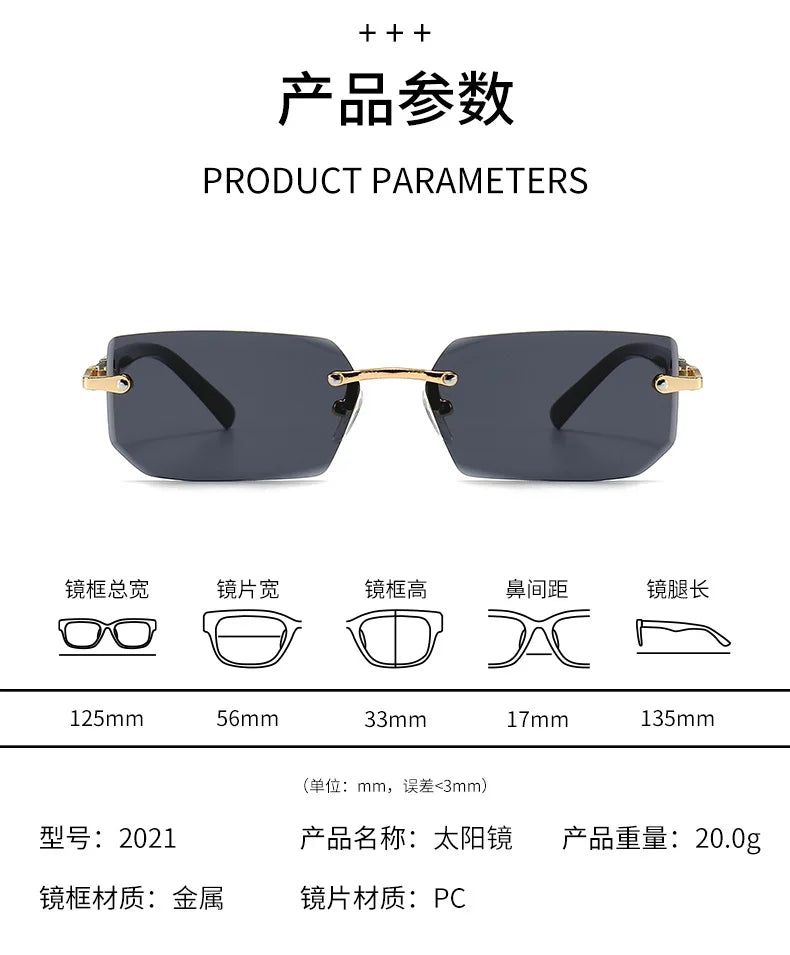 Randlose Sonnenbrille Rechteck Mode beliebte Frauen Männer Schatten kleine quadratische Sonnenbrille für weibliche männliche Sommer reisen Okulos