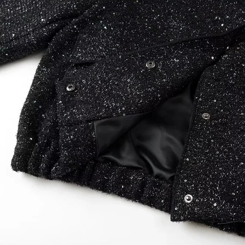 Damen Pailletten Bomber jacke fallen neue Rundhals ausschnitt Langarm Tasche Stretch Saum Pailletten Jacke Mantel weibliche schicke Oberbekleidung