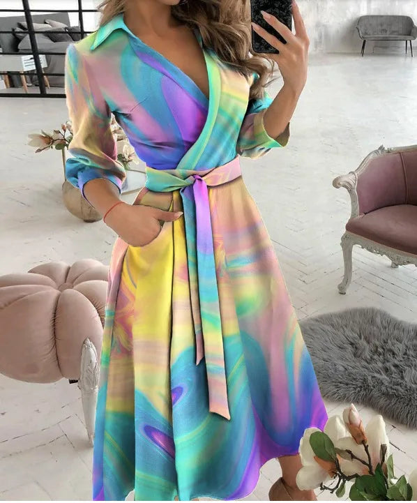 Herbst Neue Casual frauen Mode Lange ärmeln V-ausschnitt Gedruckt Muster Mid-länge Elegante Gedruckt frauen Kleid