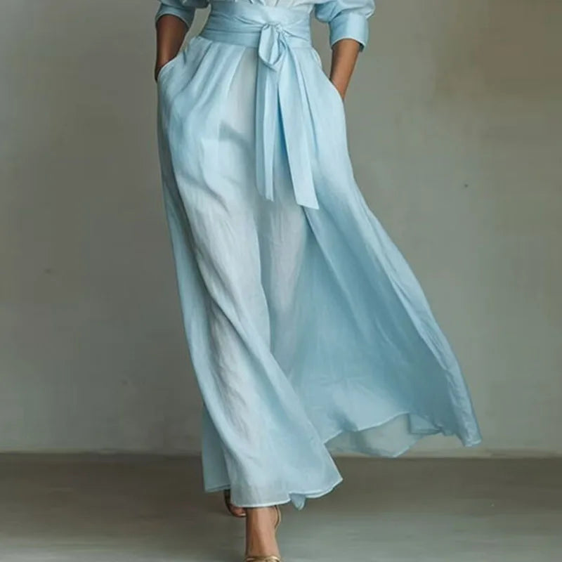 Böhmisches Elegantes Schnür-Maxikleid mit Hoher Taille für Damen Neues Umlegekragen-Kleid mit Ausschnitten für Partys Frühling 3/4 Ärmel Taschen-Maxikleid