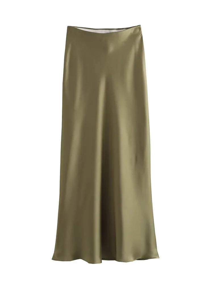 Willshela 2024 Schwarz Satin Rock Frau Hohe Taille Elegante Lange Röcke Für Frauen Mode Sommer Midi Rock Büro frauen Röcke