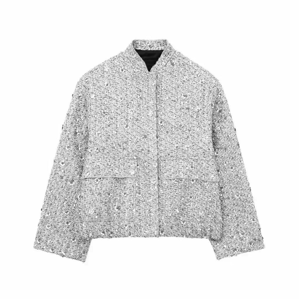 Damen Pailletten Bomber jacke fallen neue Rundhals ausschnitt Langarm Tasche Stretch Saum Pailletten Jacke Mantel weibliche schicke Oberbekleidung
