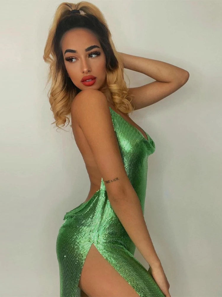 Sexy und modisches Damen-Kleid, elegant, kurz, mit hängendem Hals, rückenfrei, unten auf der Brust, Pailletten, Party-Mädchen-Tanzkleid