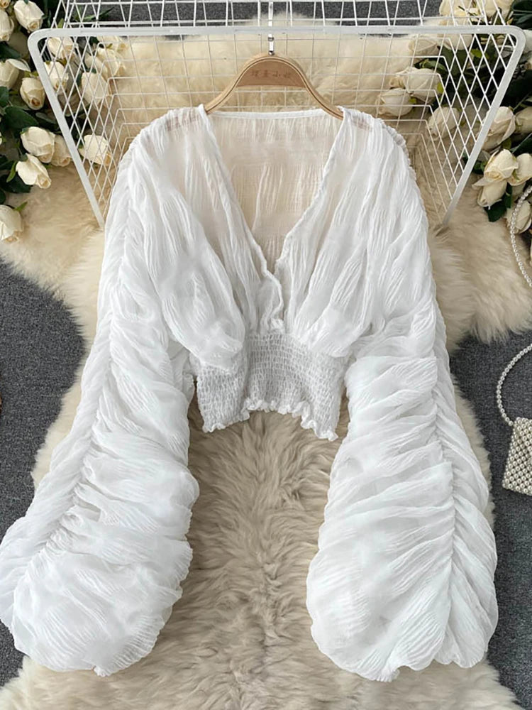 Sommer Sexy Drapierte Chiffon Bluse Für Frauen Elegante V-ausschnitt Puff Langarm Kurze Tops Weibliche Dünne Party Shirts 2022 Neue Mode