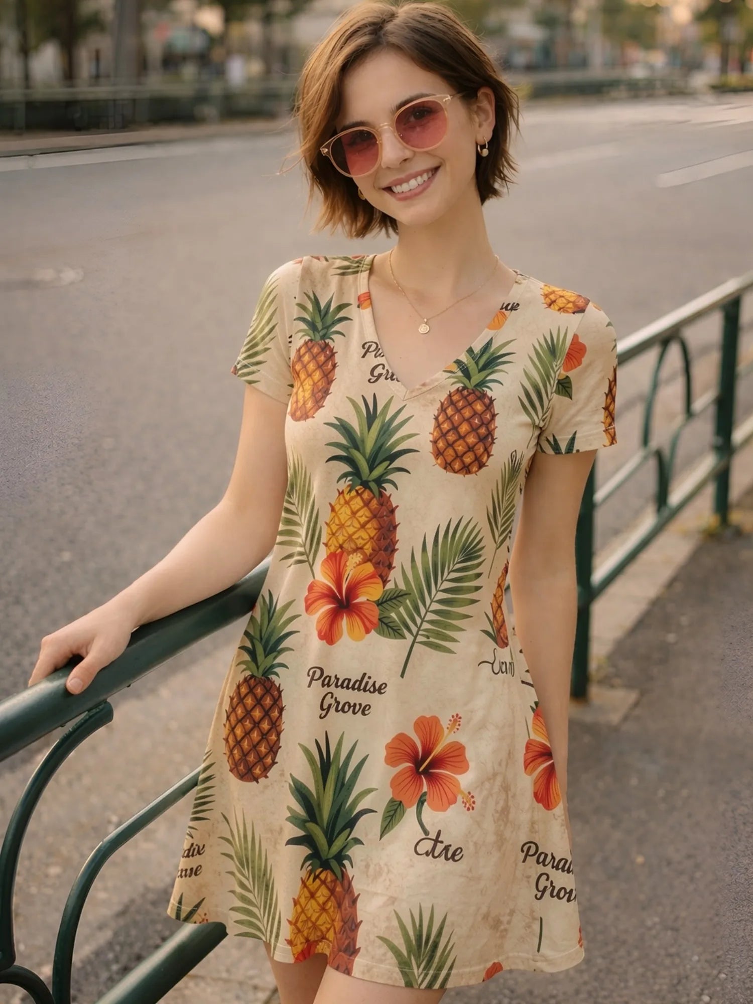 Damenkleid mit V-Ausschnitt und kurzen Ärmeln, Blumenmuster, lässiges Sommer-Outfit für Urlaub, Brunch, Freizeit, Wochenende, Alltag, Café, Party