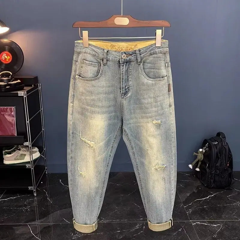 Jeans für Herren 2025, Frühling und Herbst, kleine zerrissene Jeans, Herren-Vintage-Hosen, trendige Marke, Harlan-Männerkleidung, Streetwear-Kleidung