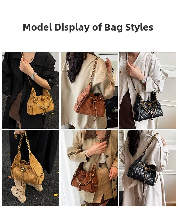 Trendy Geometric Chain Underarm Bag Women's Shoulder Bag Commuter Crossbody Bag Versatile PU Bucket Bag Autumn New Style