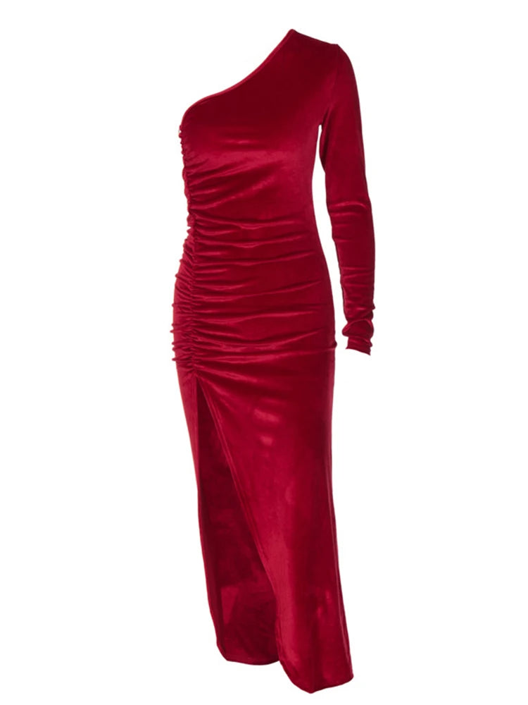 Frauen Elegante Langarm Party Abend Samt Bodycon Split Bleistift Midi Kleid Frühling Herbst Kleidung
