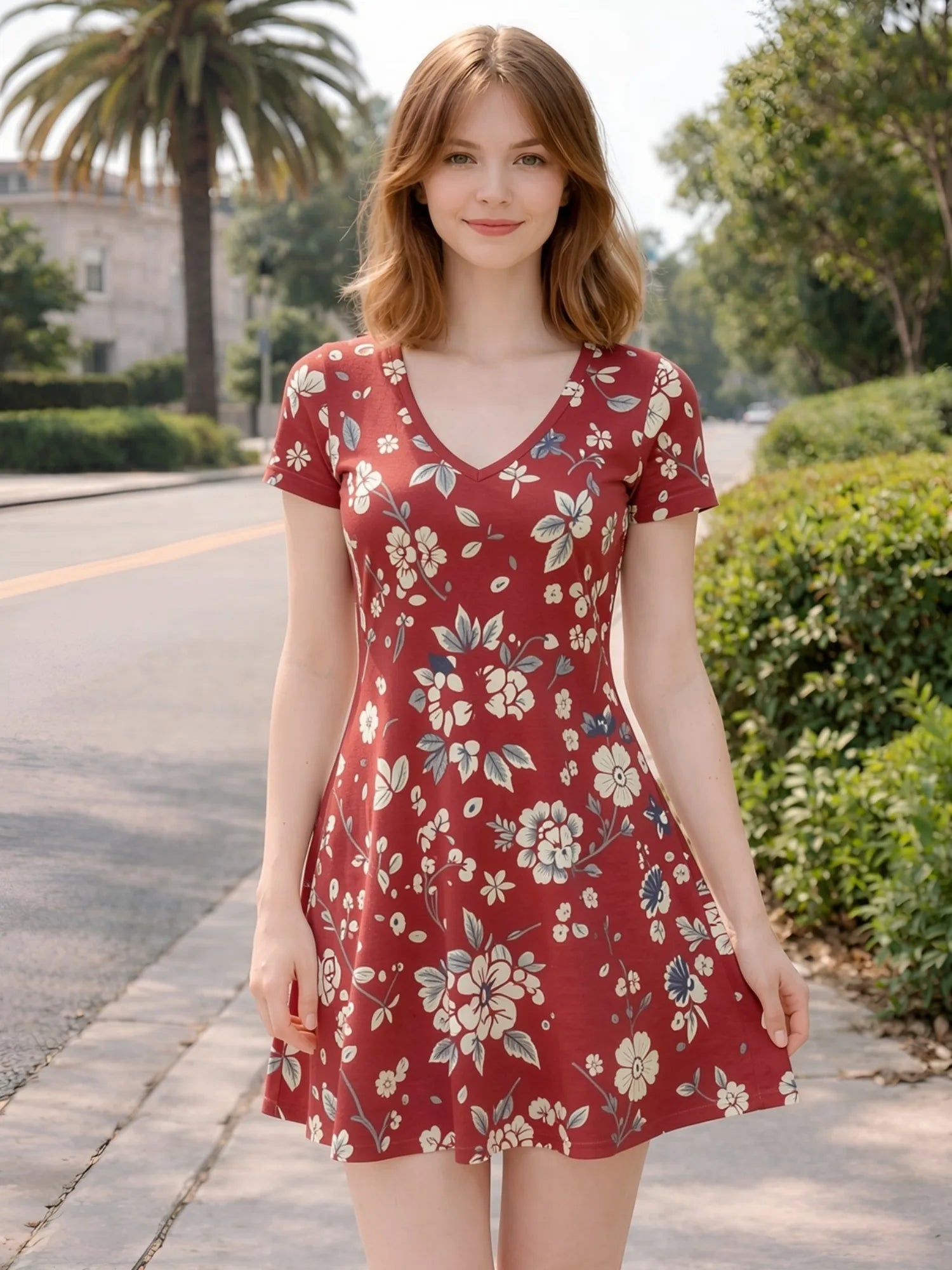 Damen-Swingkleid mit V-Ausschnitt und Blumendruck, lässiges Alltagsoutfit, luftig, weich, bequem, schick, schön, für jeden Tag, feminin, anmutig, einfach