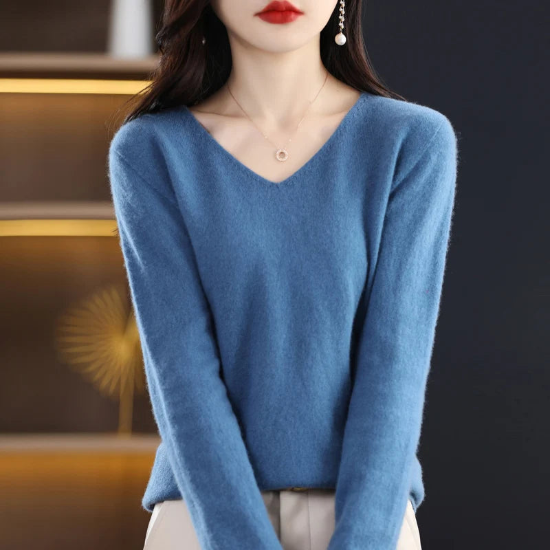 Frauen 100% Merinowolle Pullover V-Ausschnitt Basic Pullover Herbst Winter Kaschmir Kleidung Langarm weiche Strickwaren Tops einfarbig