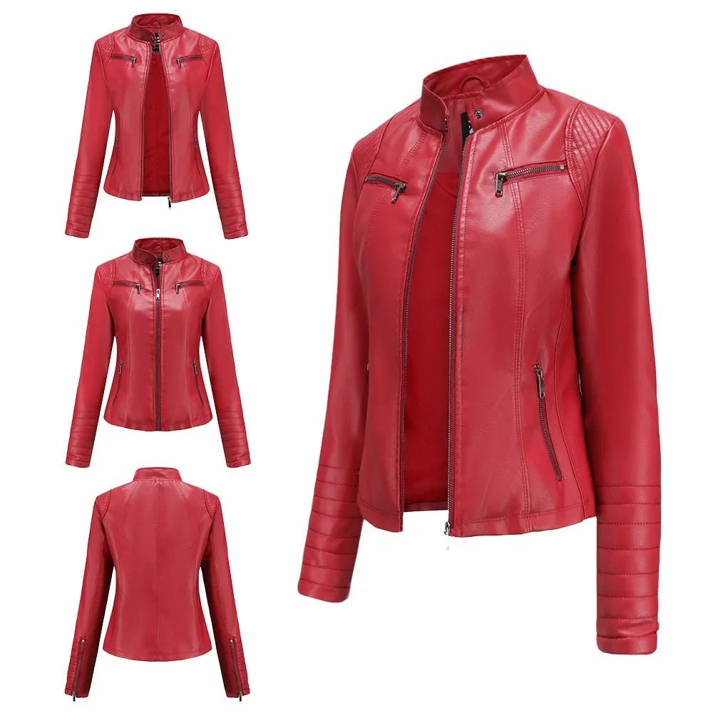 Neue 20-Damen-Lederjacke, dünn, Motorrad-Stil, kurze modische Damenjacke, Stehkragen, volle Ärmel, aus dem Festland China