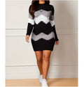 Women Elegant Patchwork Long Sleeve Warm Dress Autumn Winter Rib Knit Sweater Dress Casual Turtleneck Pullover Mini Dresses