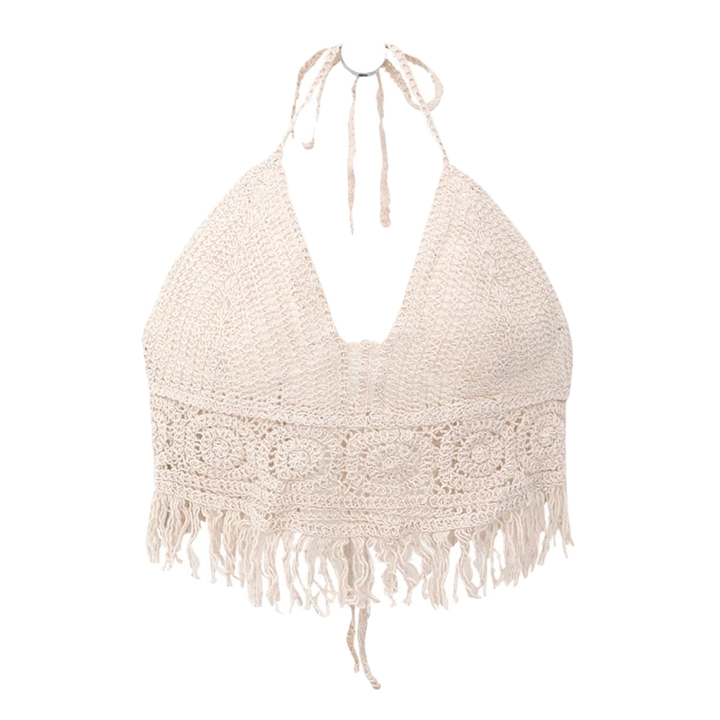 Boho Häkel-Neckholder-Top für Damen, Sommer-Strand-Strick-Crop-Top mit Quasten, rückenfrei, ärmellos, Bralette