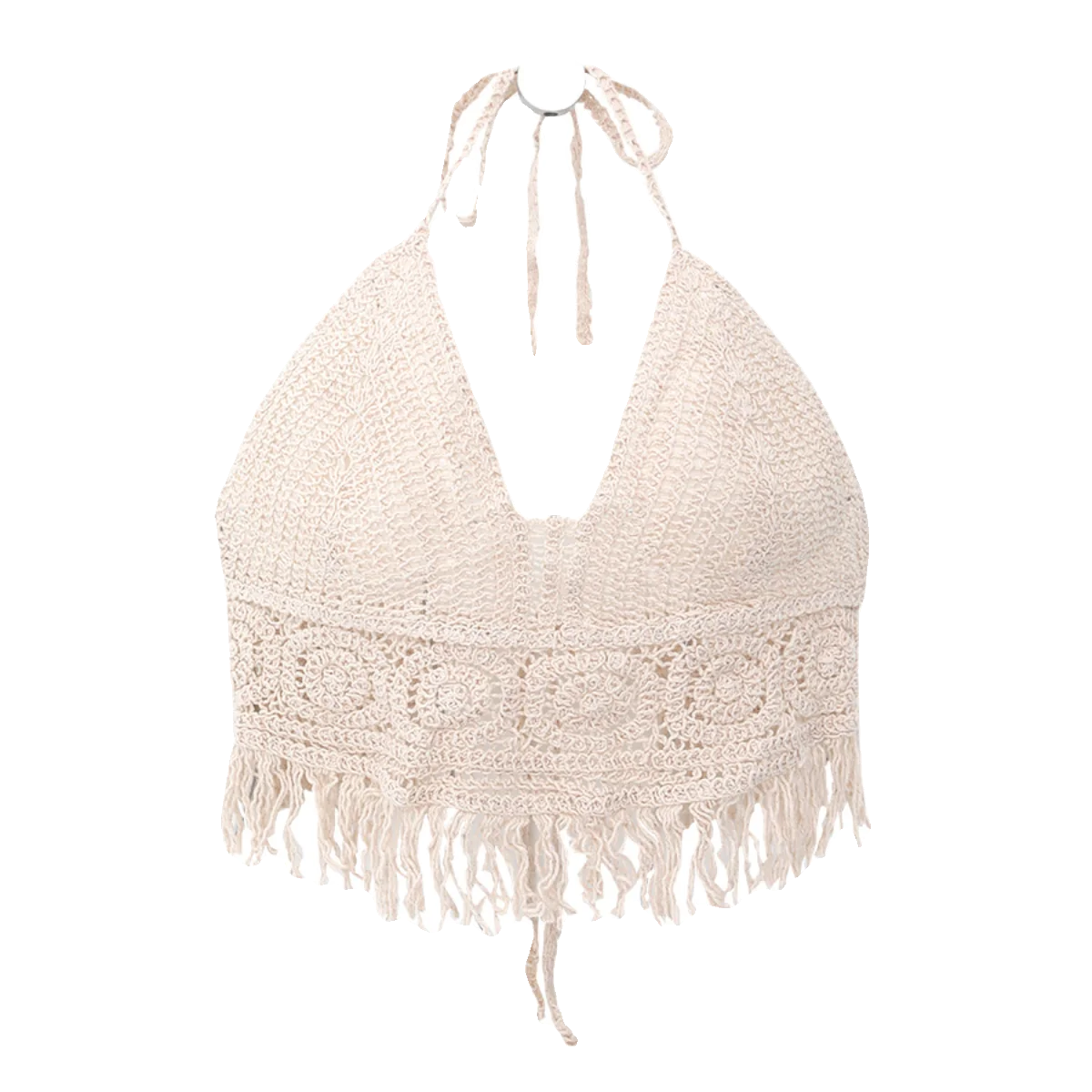 Boho Häkel-Neckholder-Top für Damen, Sommer-Strand-Strick-Crop-Top mit Quasten, rückenfrei, ärmellos, Bralette