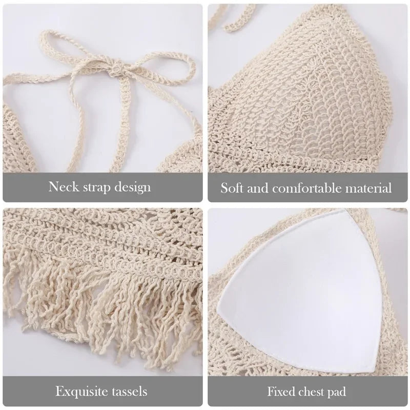 2024 sommer Sexy Strand Kurze Crop Top für Frauen Leichte Aushöhlen Häkeln Quasten Saum Halter Bhs Bustier mit Brust Pads