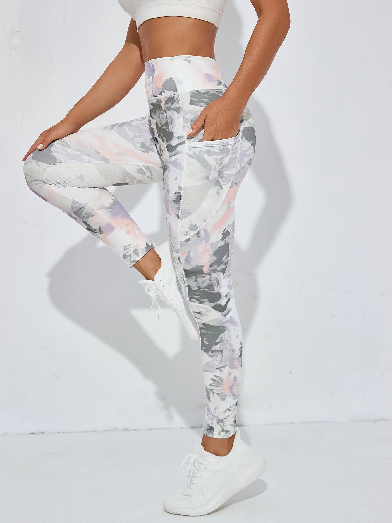 Bedruckte Damen-Fitnesshose mit hohem Bund und Tasche, gepaart mit engen Bauch-Yogahosen, geeignet zum Laufen, Wandern und Sp