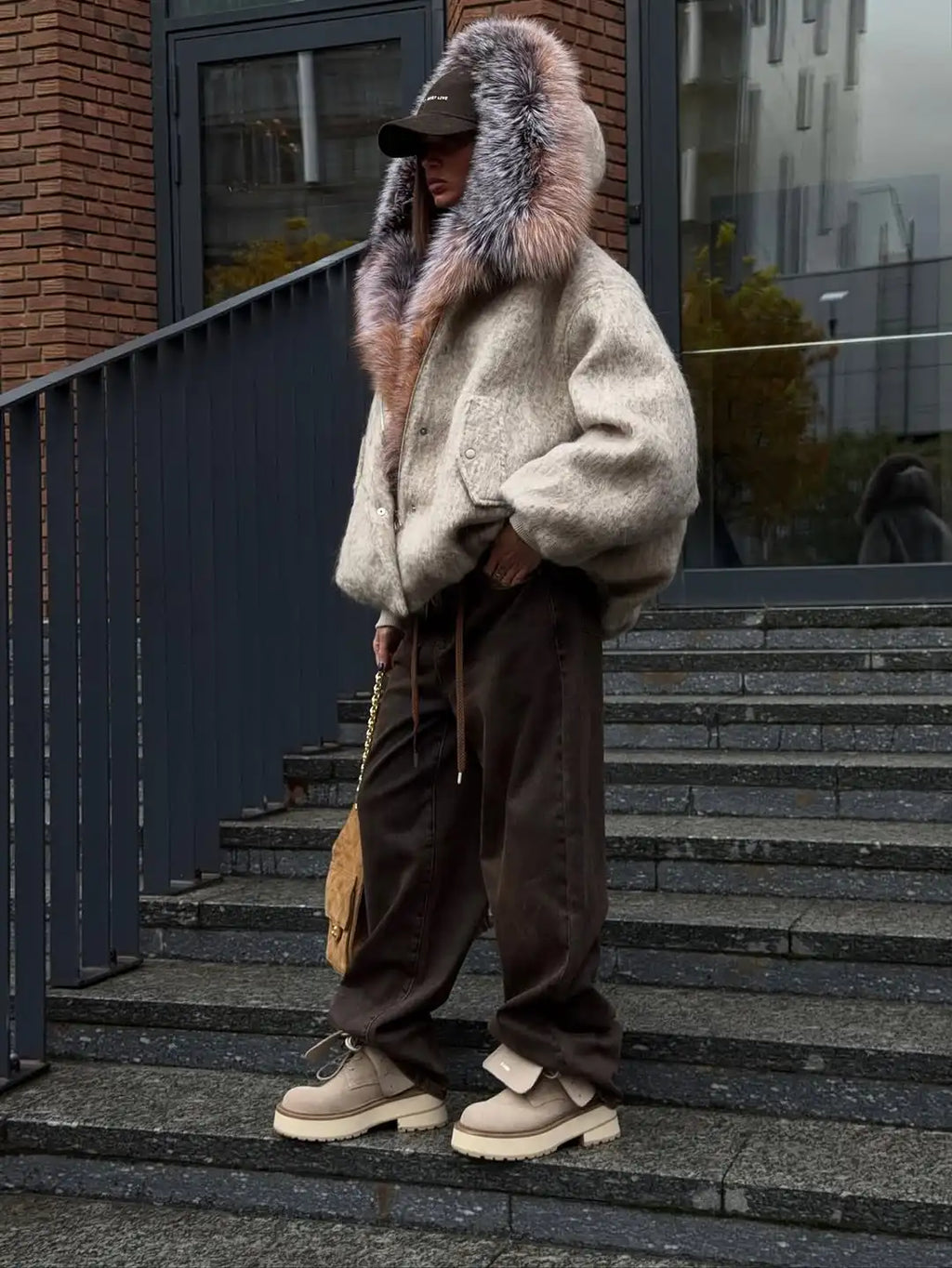 Gefärbter Pelzkragen, kurze Wolljacke für Damen, modisch, Revers, volle Ärmel, einreihig, Patchwork, lose Jacken, 2025, Winter-Outwear