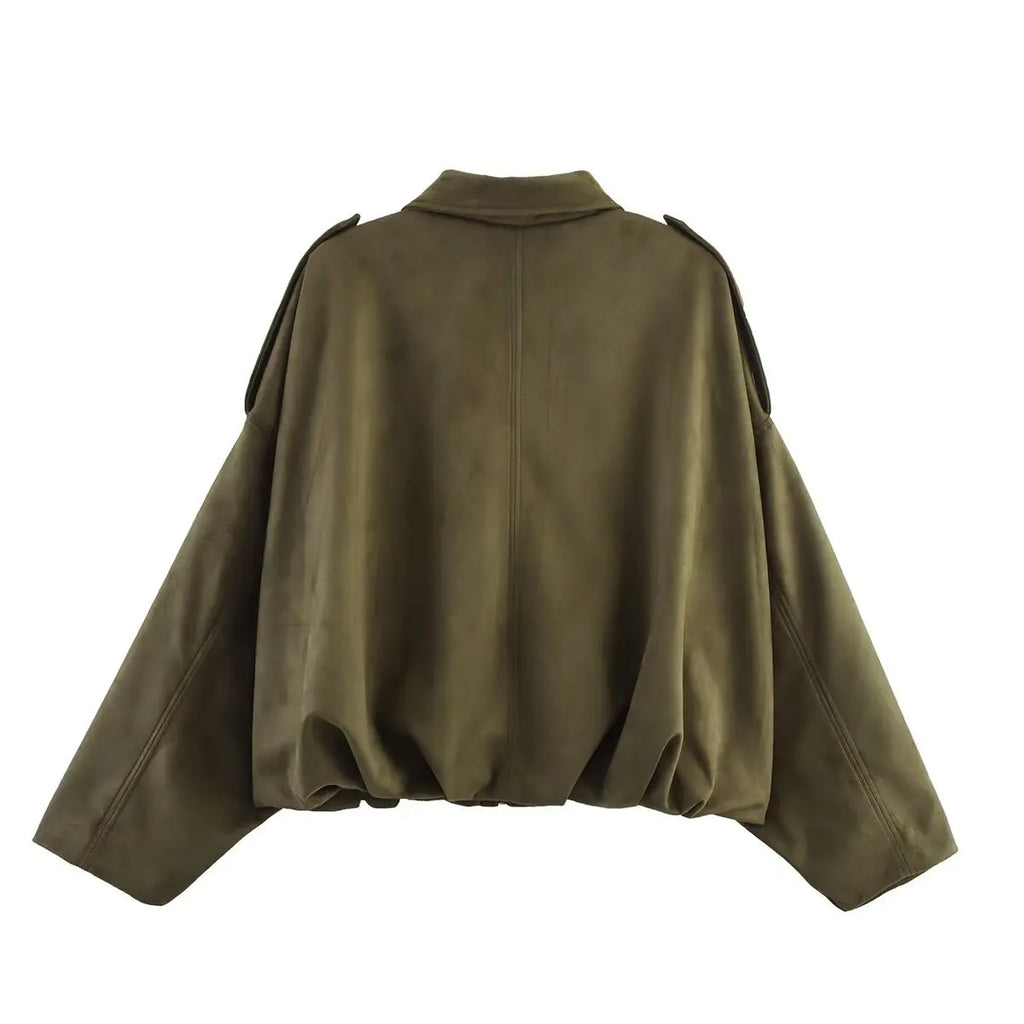 Retro Style Suede Jacket Zipper Collar Outerwear for Women Medium Thickness Long Sleeve Street Fashion Loose Fit Autumn Winter