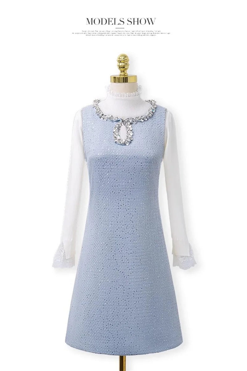 BESTBAFU Luxus Pailletten Kleine Duft Tweed Weste Kleid Frauen Herbst Winter Elegante Ärmellose Woolen A-Line Party Kleider 625P