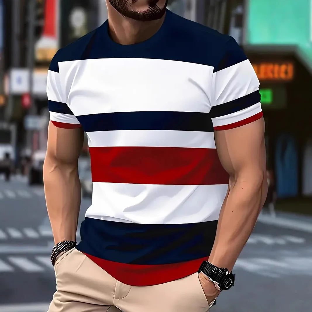 2025, Sommer Herrenmode, 3D-T-Shirt, Spleißen, bedruckt, Farbblockierung, lässig, schlank, kurzärmelig, Outdoor-Sport, Laufen, Fitness