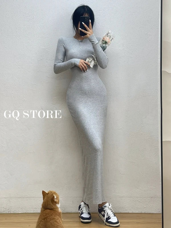 WOMENGAGA Einfache Maxi Langes Kleid Rundhals Langarm Enge Dünne Maxi Kleider Elegante Mode Koreanische Frauen Robe DEH8