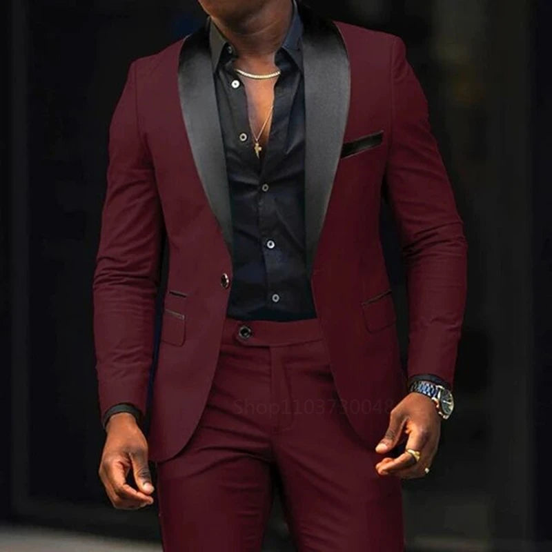 Lässige 2-teilige Herren-Hochzeitsanzüge, solide Slim-Fit, Schalkragen, Blazer, Hose, Designs, Party, Abschlussball, Anzüge, Trauzeuge, Business-Kleidung