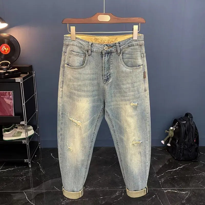 Jeans für Herren 2025, Frühling und Herbst, kleine zerrissene Jeans, Herren-Vintage-Hosen, trendige Marke, Harlan-Männerkleidung, Streetwear-Kleidung