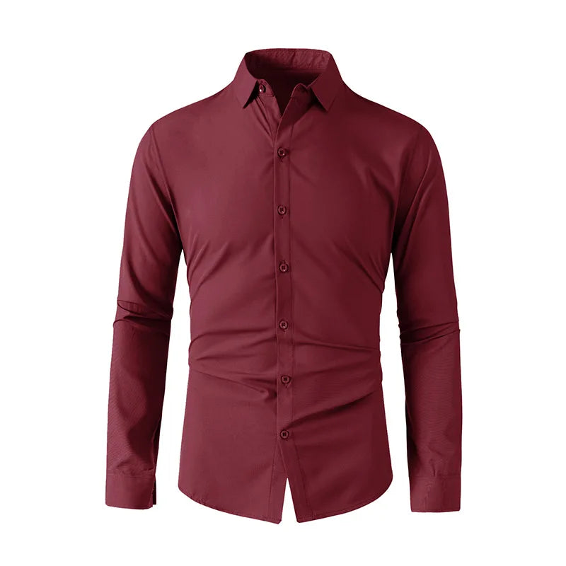 Neues, langärmliges, einfarbiges Business-Casual-Hemd für Herren, knitterfrei, knitterfrei, bequem, vielseitiges Oberteil für die ganze Saison