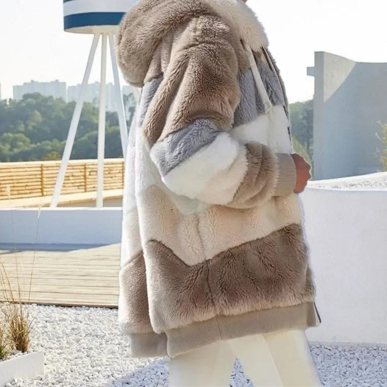 Warm Fleece Oversized Hooded Jacket Women's Autumn Winter Thickened Zipper Pocket Patchwork Clothing Comfortable Sweatshirt