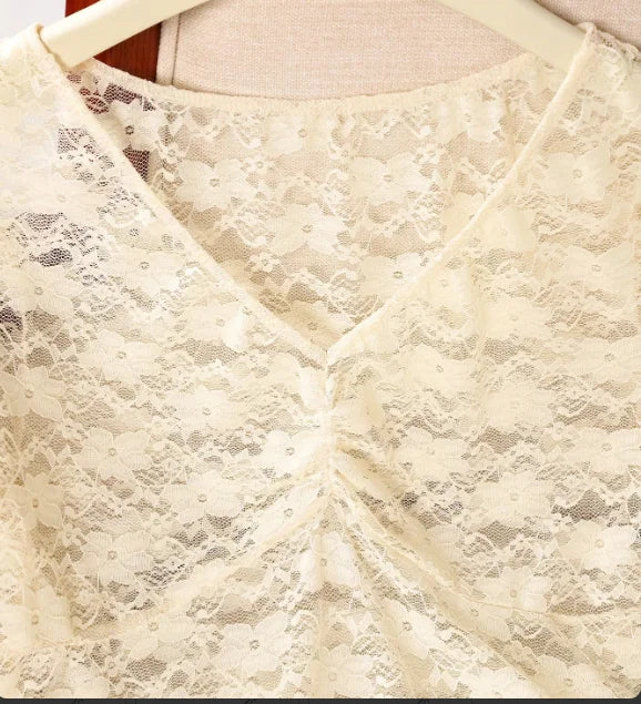 Sommerliches, sexy Spitzenhemd im europäischen und amerikanischen Stil, kurzärmeliges Strandoberteil für Damen