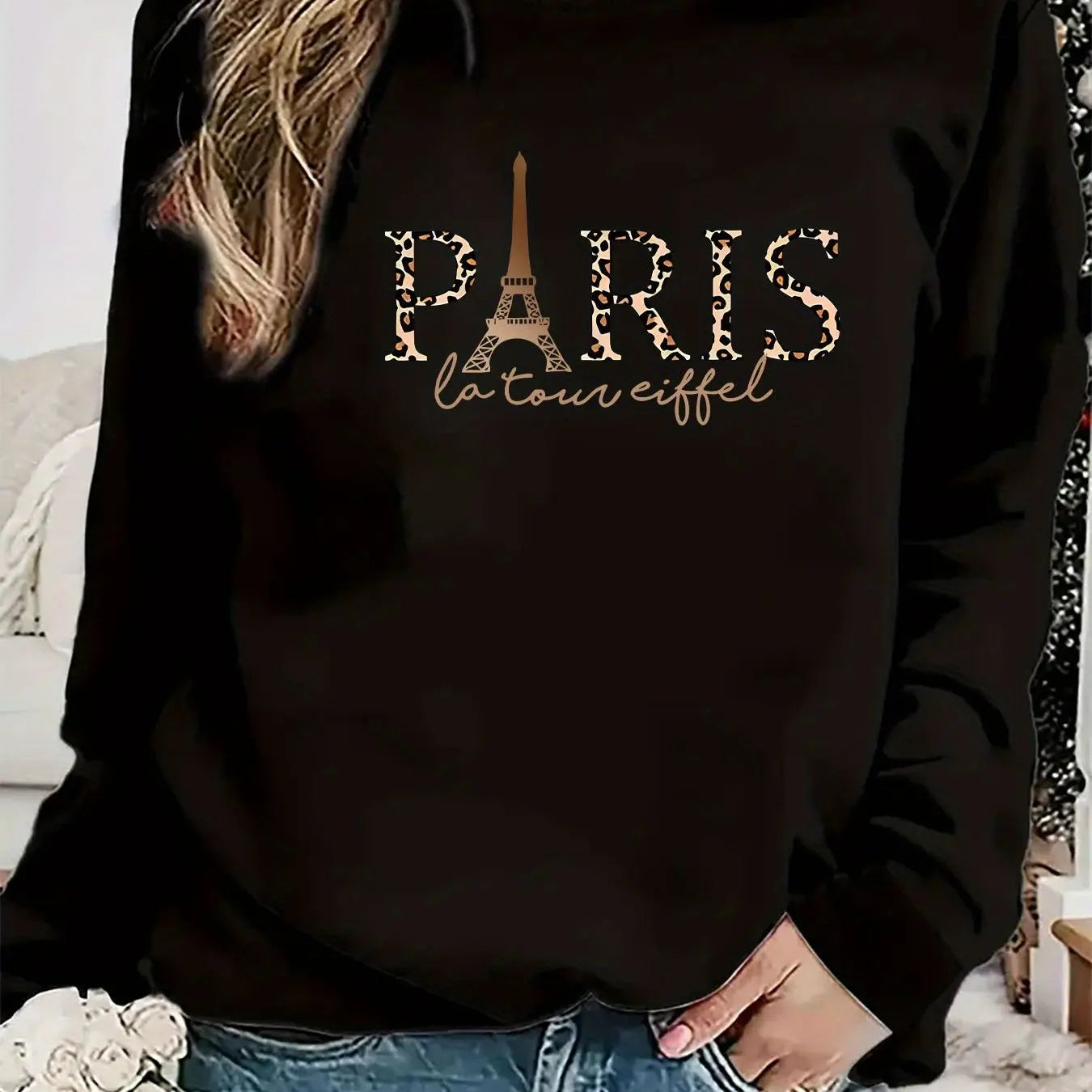 Paris Women's autumn winter fashion casual sports loose Los Angeles print fleece warm long sleeved pocket hooded sweatshirt