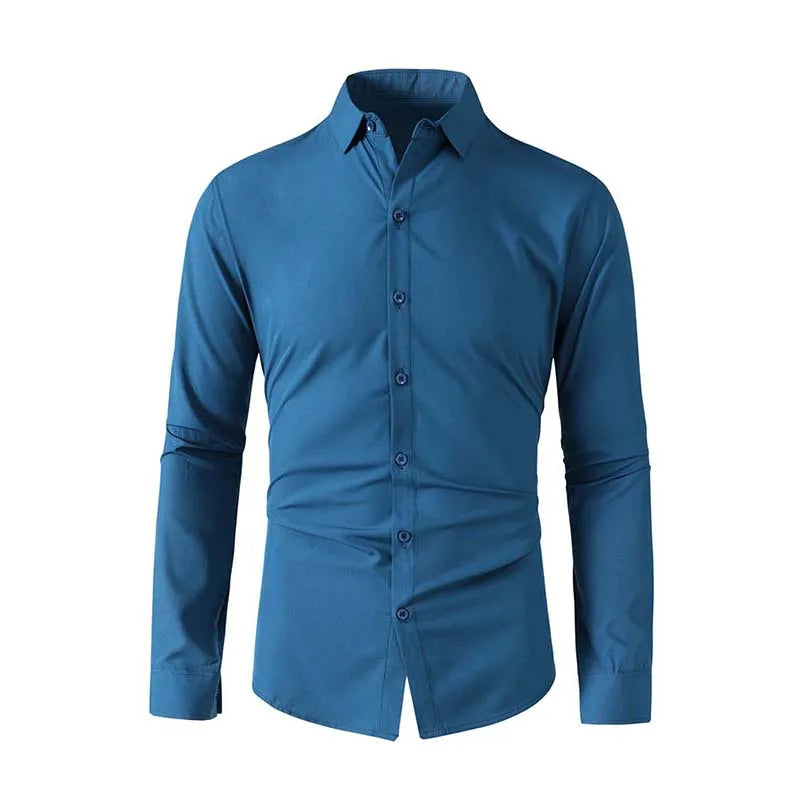 Neues, langärmliges, einfarbiges Business-Casual-Hemd für Herren, knitterfrei, knitterfrei, bequem, vielseitiges Oberteil für die ganze Saison