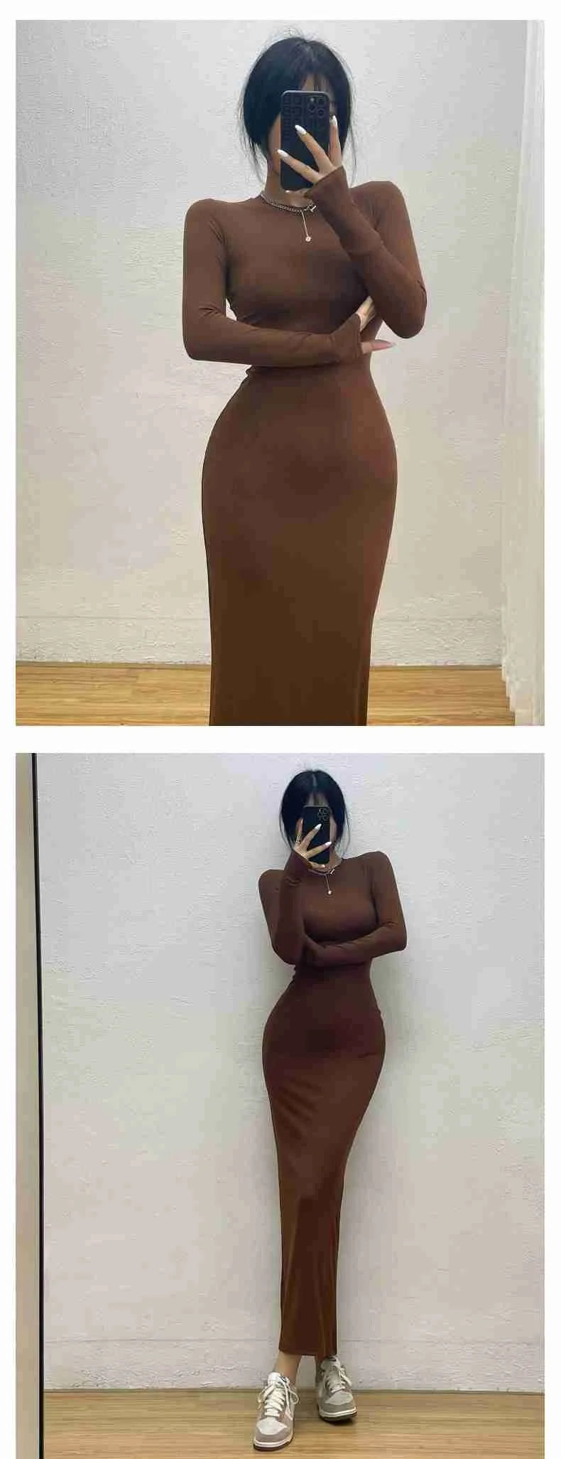 WOMENGAGA Einfache Maxi Langes Kleid Rundhals Langarm Enge Dünne Maxi Kleider Elegante Mode Koreanische Frauen Robe DEH8