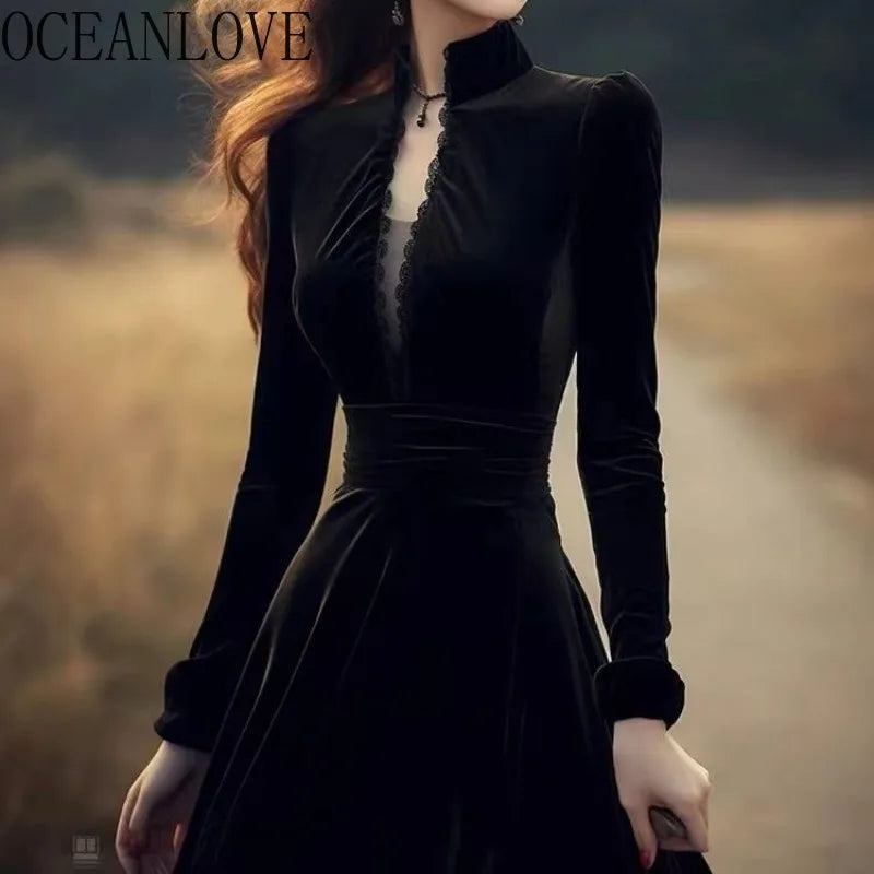 OCEANLOVE Herbst Winter Kleider für Frauen Hepburn Stil Vintage Solid Black Vestidos Mujer Stehkragen Elegante Lange Kleid