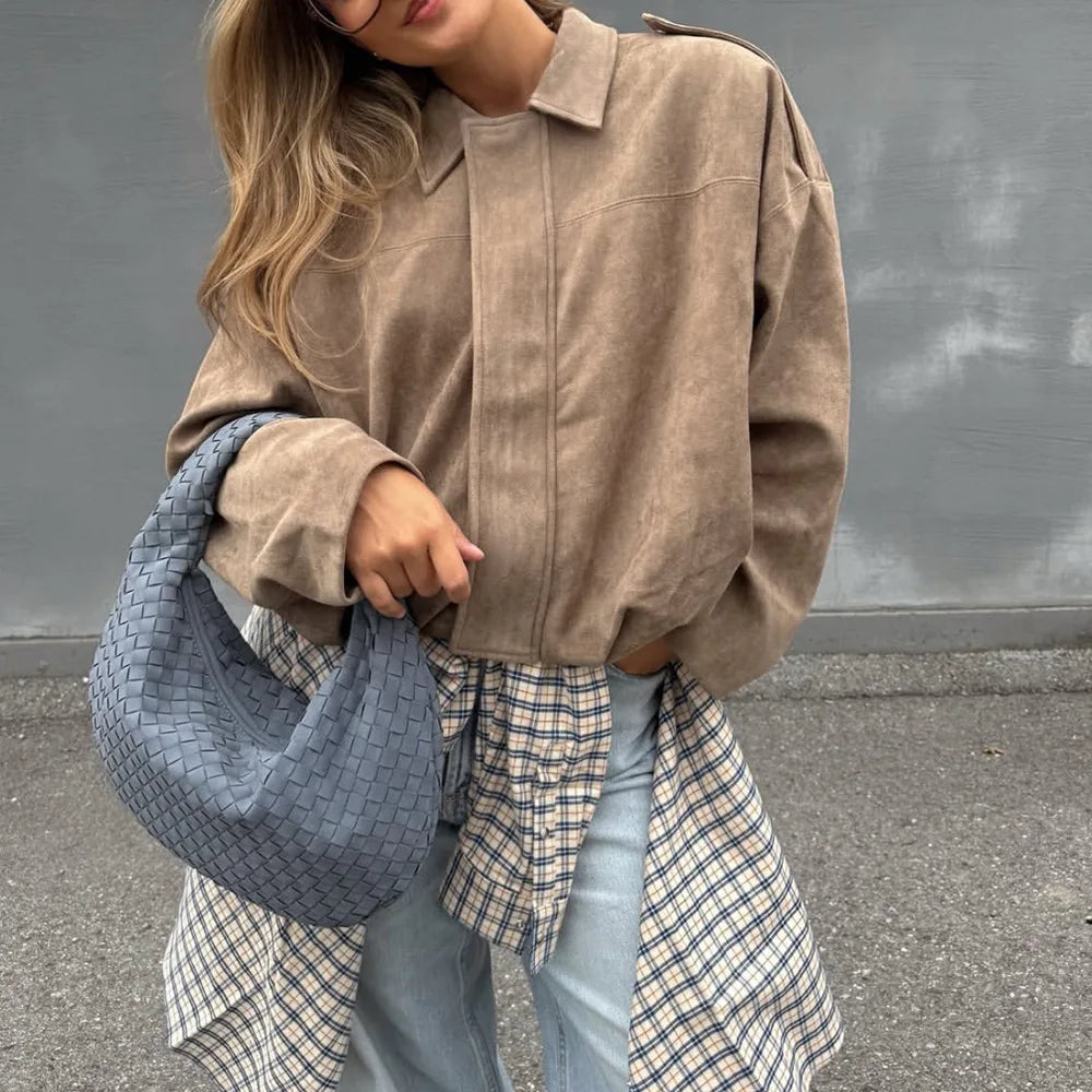 Wildlederjacke im Retro-Stil, Reißverschlusskragen, Oberbekleidung für Damen, mittlere Dicke, lange Ärmel, Street Fashion, lockere Passform, Herbst und Winter