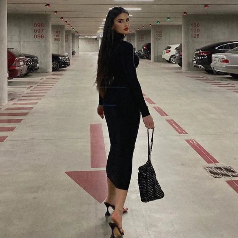 Hugcitar Frauen Mode Rollkragen Lange Ärmel Schwarz Sexy Bodycon Maxi Prom Kleid Herbst Casual Kleidung Streetwear Party Festival