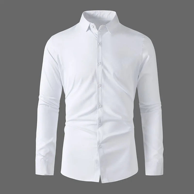 Neues, langärmliges, einfarbiges Business-Casual-Hemd für Herren, knitterfrei, knitterfrei, bequem, vielseitiges Oberteil für die ganze Saison