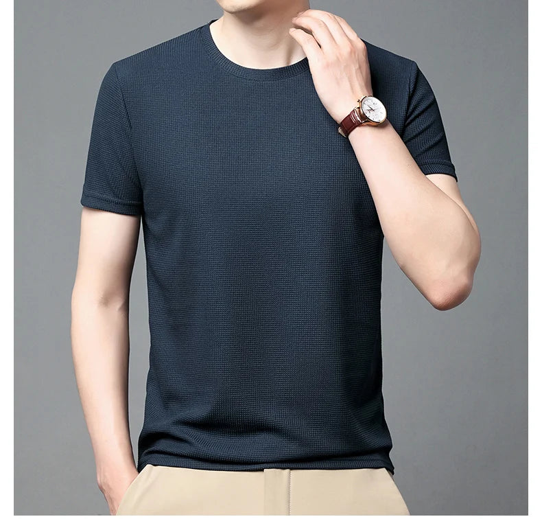 Kurzarm-PoloshirtKurzarm Waffle Solid Polot Fashion Splicing Herren-Rundhals-Top aus Baumwolle mit kurzen Ärmeln für den täglichen Gebrauch
