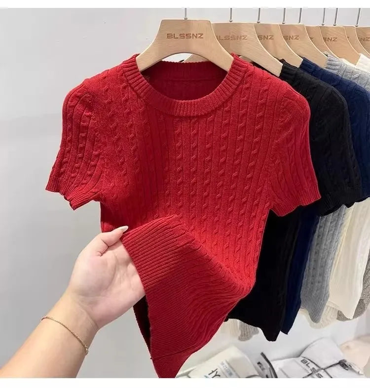 Zjaiss 2026 Sommer Koreanisches Retro Elegantes Textur-Kurzarm-Oberteil mit O-Ausschnitt und Zopfmuster für Damen – Weiches, lässiges, vielseitiges, dünnes T-Shirt