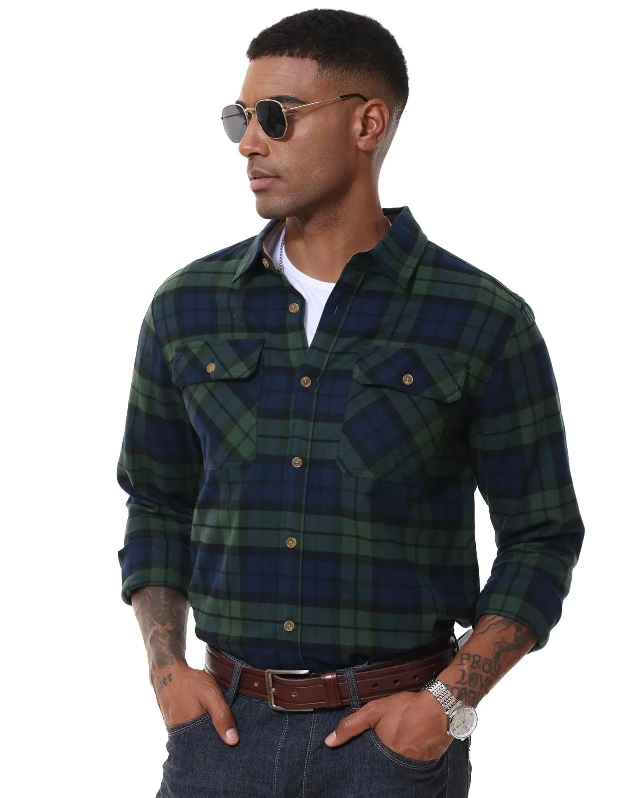 MAGCOMSEN Flanellhemden für Herren, langärmelig, Baumwolle, langärmelig, kariertes Hemd mit 2 Taschen, Knopfleiste, lässiges Cordhemd für Herren