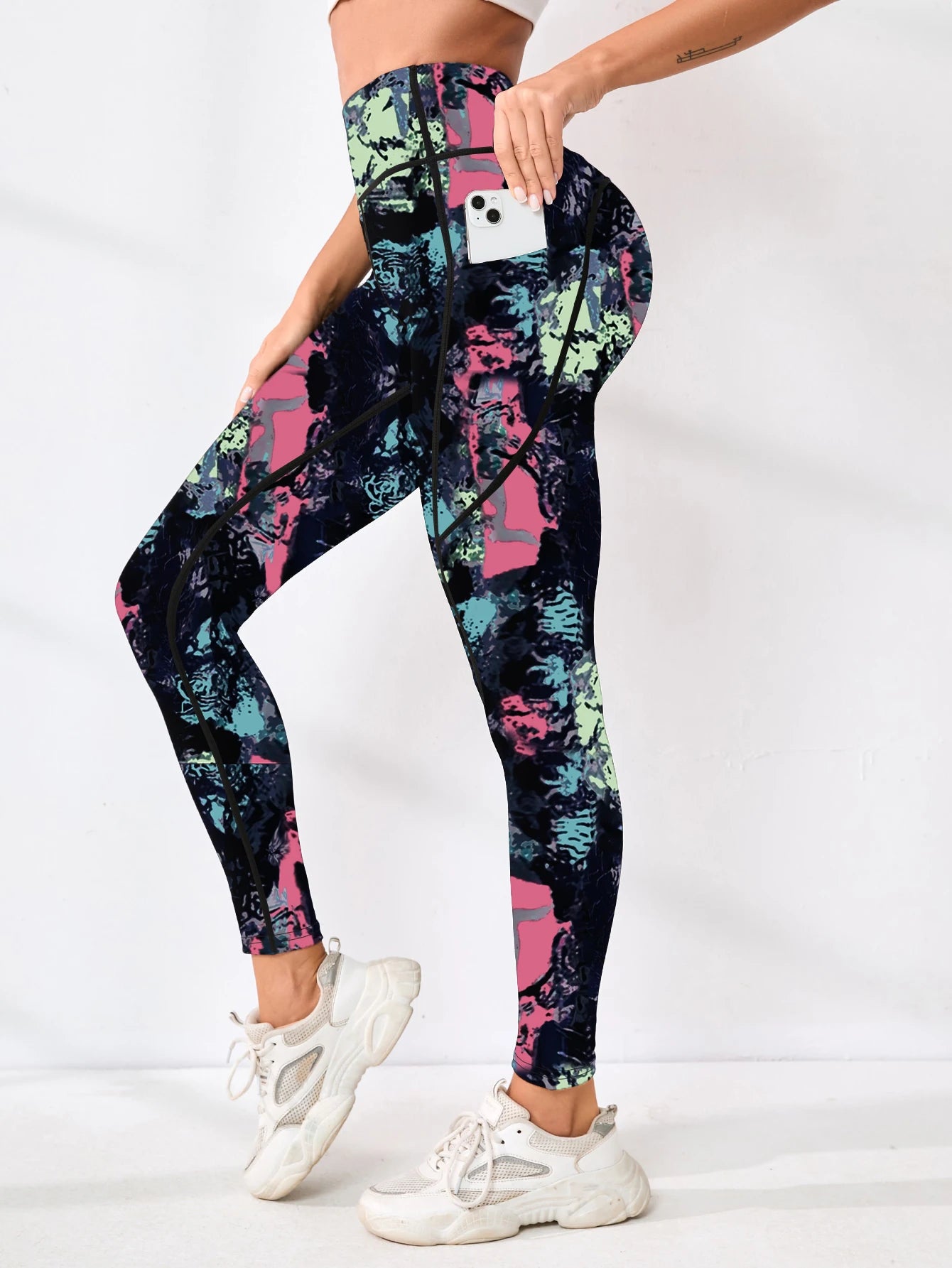 Bedruckte Damen-Fitnesshose mit hohem Bund und Tasche, gepaart mit engen Bauch-Yogahosen, geeignet zum Laufen, Wandern und Sp
