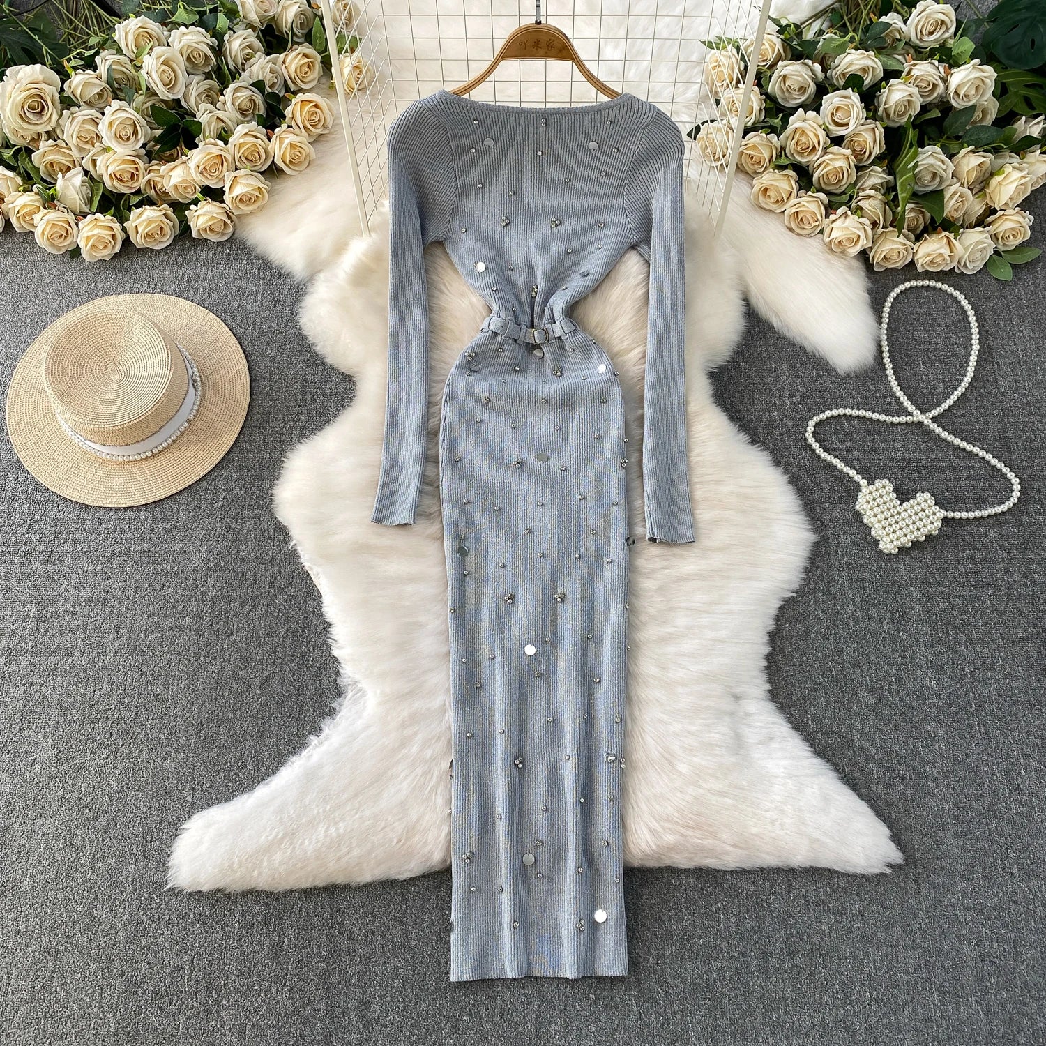 Schickes, sexy, elegantes, langärmliges, figurbetontes O-Ausschnitt-Kleid für Damen, koreanische Abendkleider für Modezeremonie