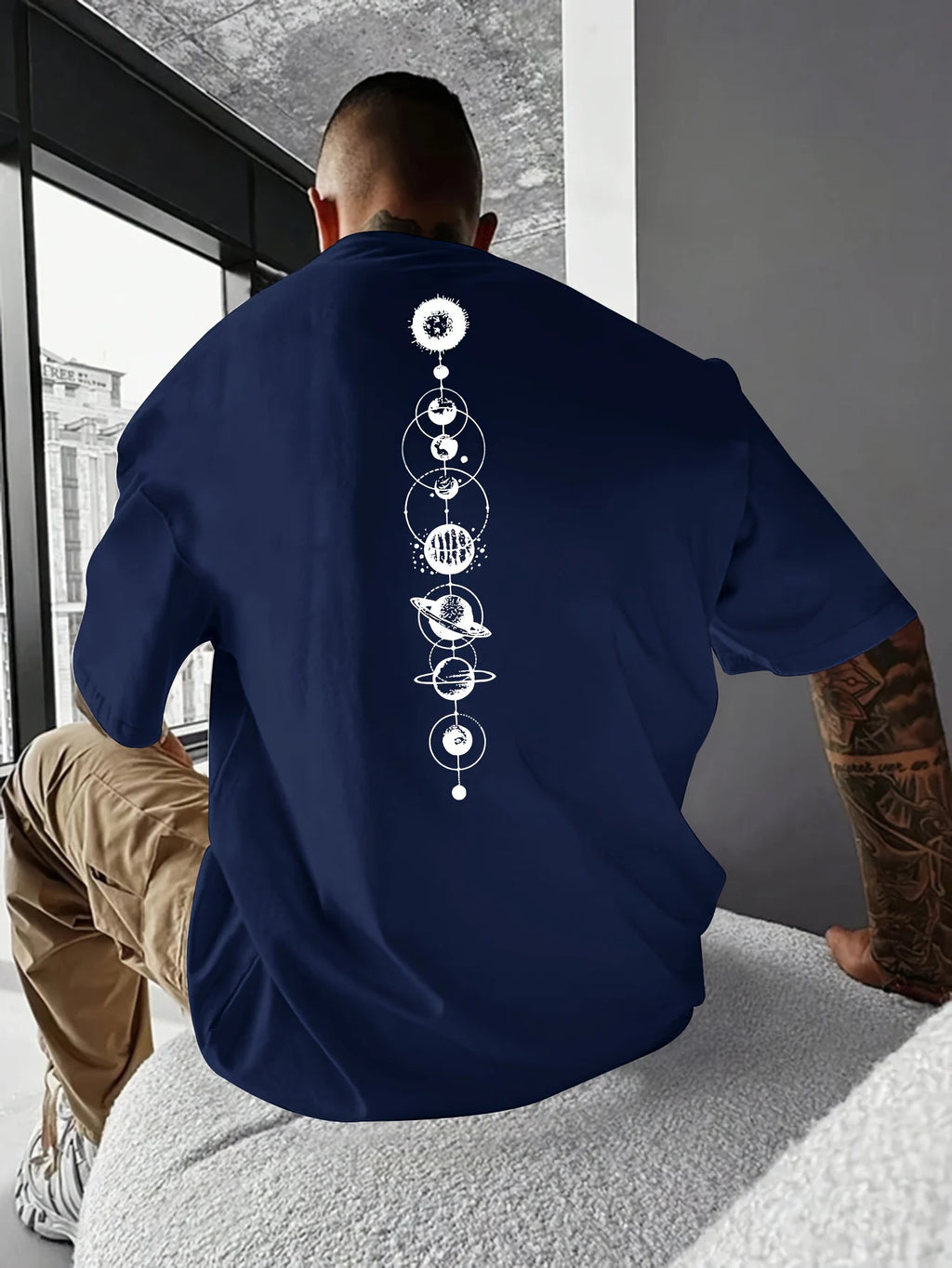 Herren-T-Shirt-Oberteil aus 100 % reiner Baumwolle, Sommer, lockere Größe, Planet-Grafikdruck, lässig, schmale Passform, Rundhalsausschnitt, kurzärmelig