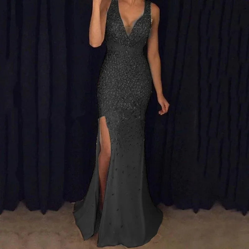 2023 neue Frauen Party Kleid Mesh Patchwork Pailletten Ärmel Split Saum Abendkleid Meerjungfrau Form Slim Fit Prom Bankett Kleid
