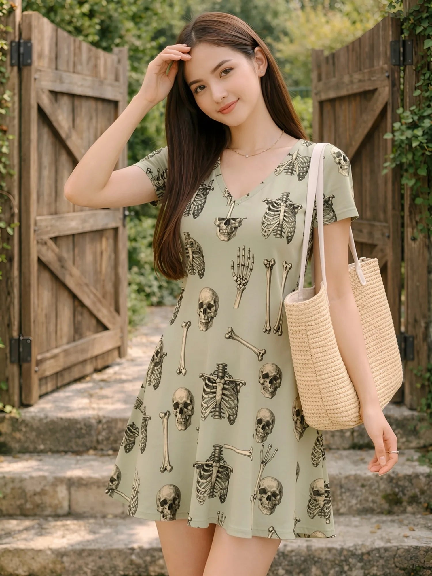 Damen-Kleid mit V-Ausschnitt und kurzen Ärmeln, Blumenmuster, lässig, für Wochenendreisen, Sommer, Sonnenkleid, Outfit, süß, modern, niedlich, frisch, Freizeit, Alltag, Party