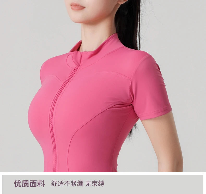 Woman yoga Jacket High Elastic Yoga Short Sleeve Coat Stand Collar Tight Sports Coat Naked Fitness Short Sleeve Female